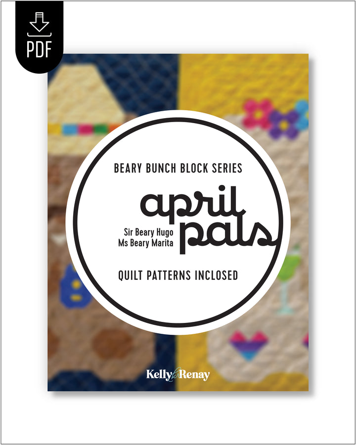 Quilt pattern book cover with colorful patchwork design and &