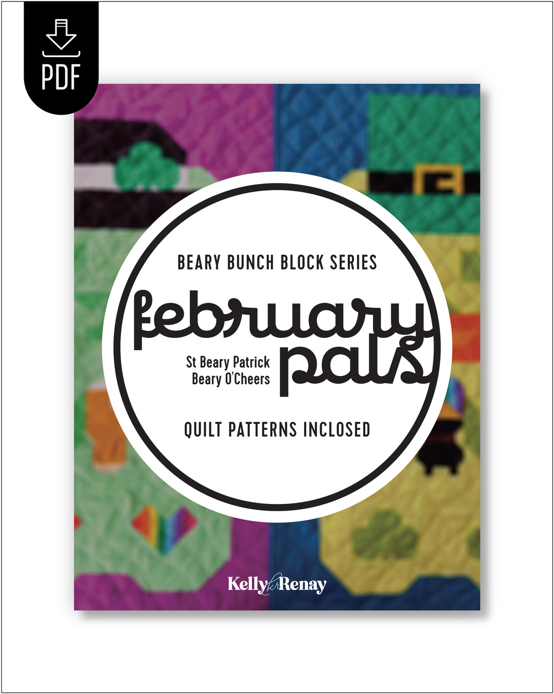 Quilt pattern book cover with colorful patchwork design and text about Beary Bunch Block Series.