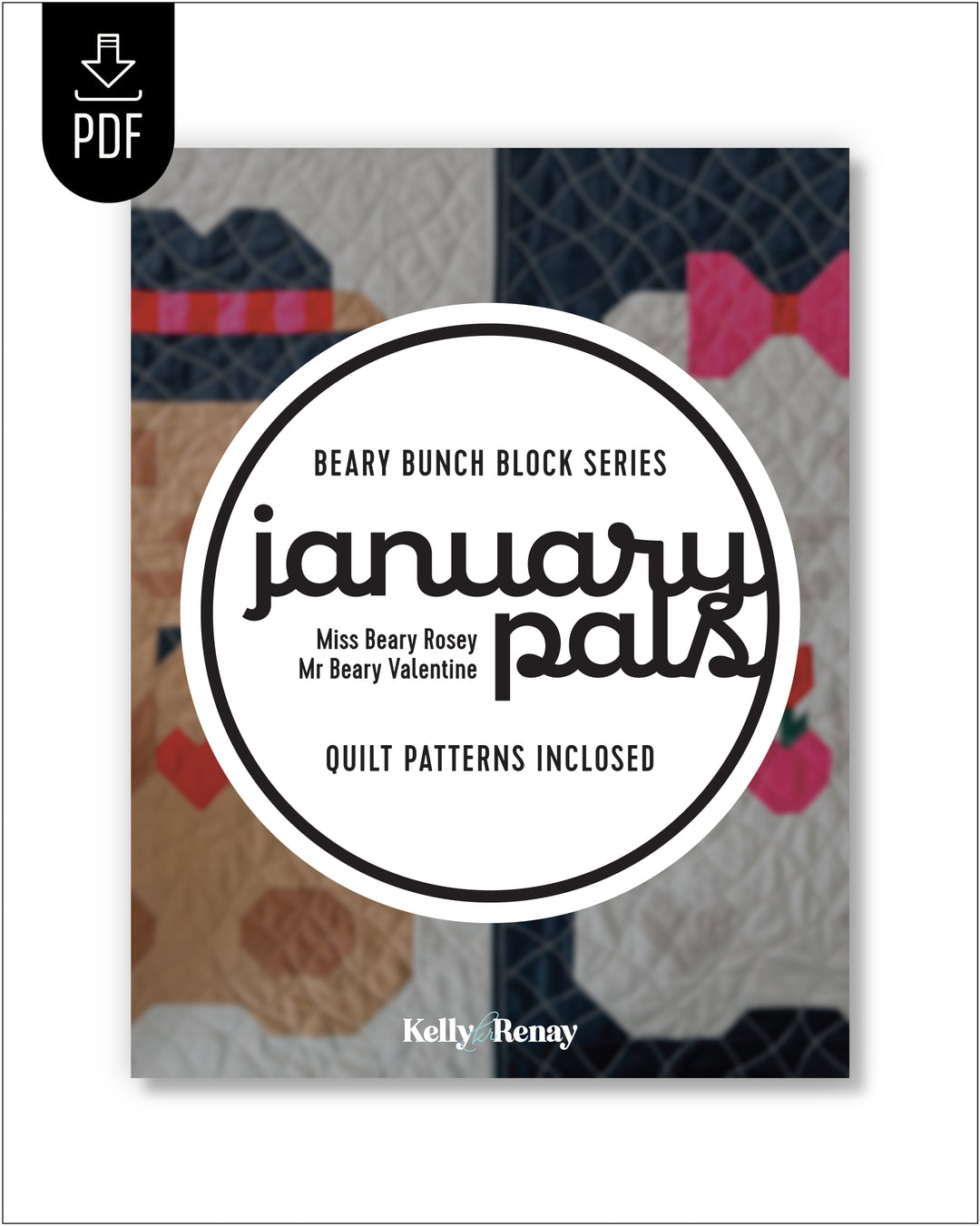 Quilt pattern book cover with 'January Pals' design and quilt patterns visible