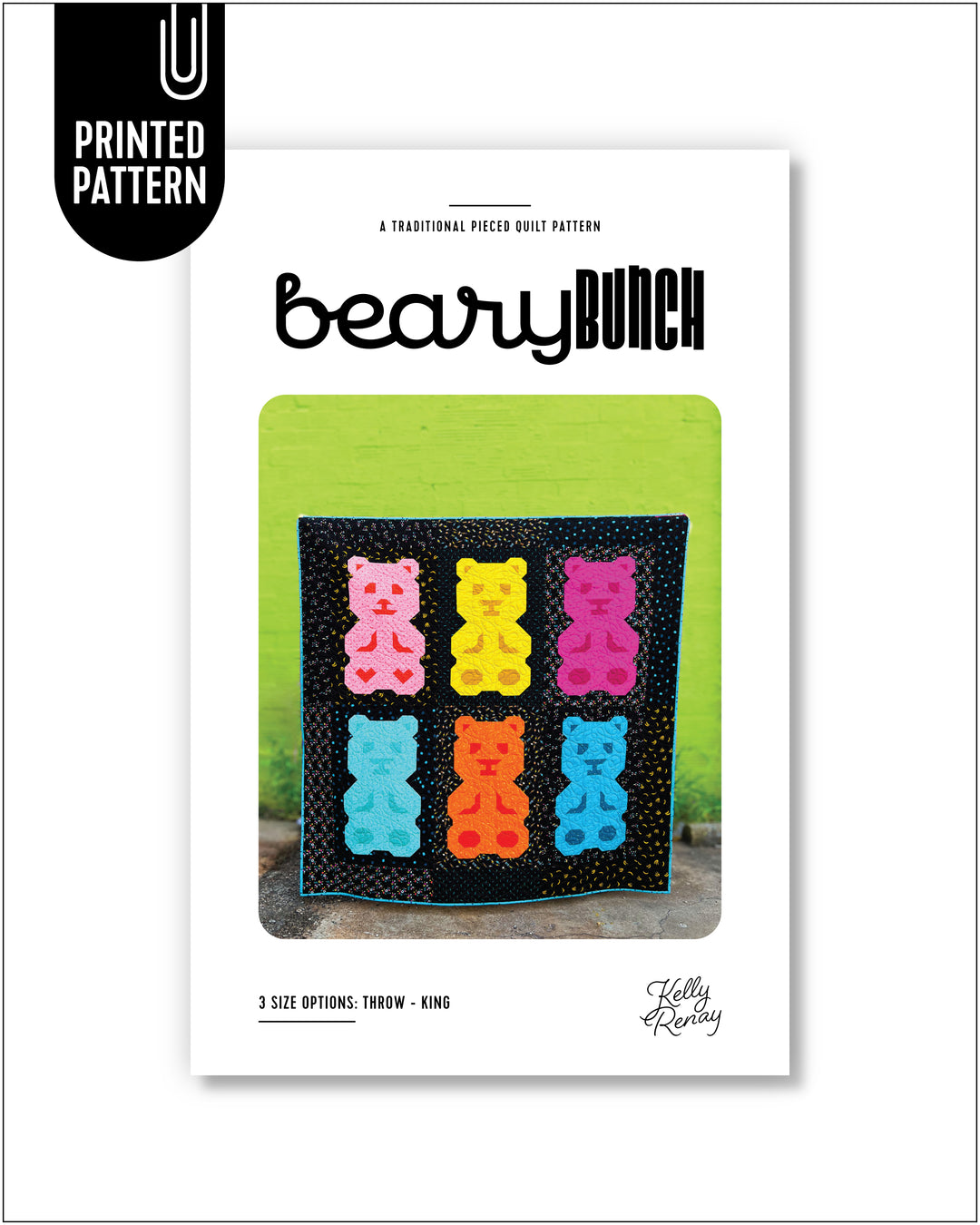Quilt pattern cover with colorful bear designs and 'beary bunch' text on a white background.