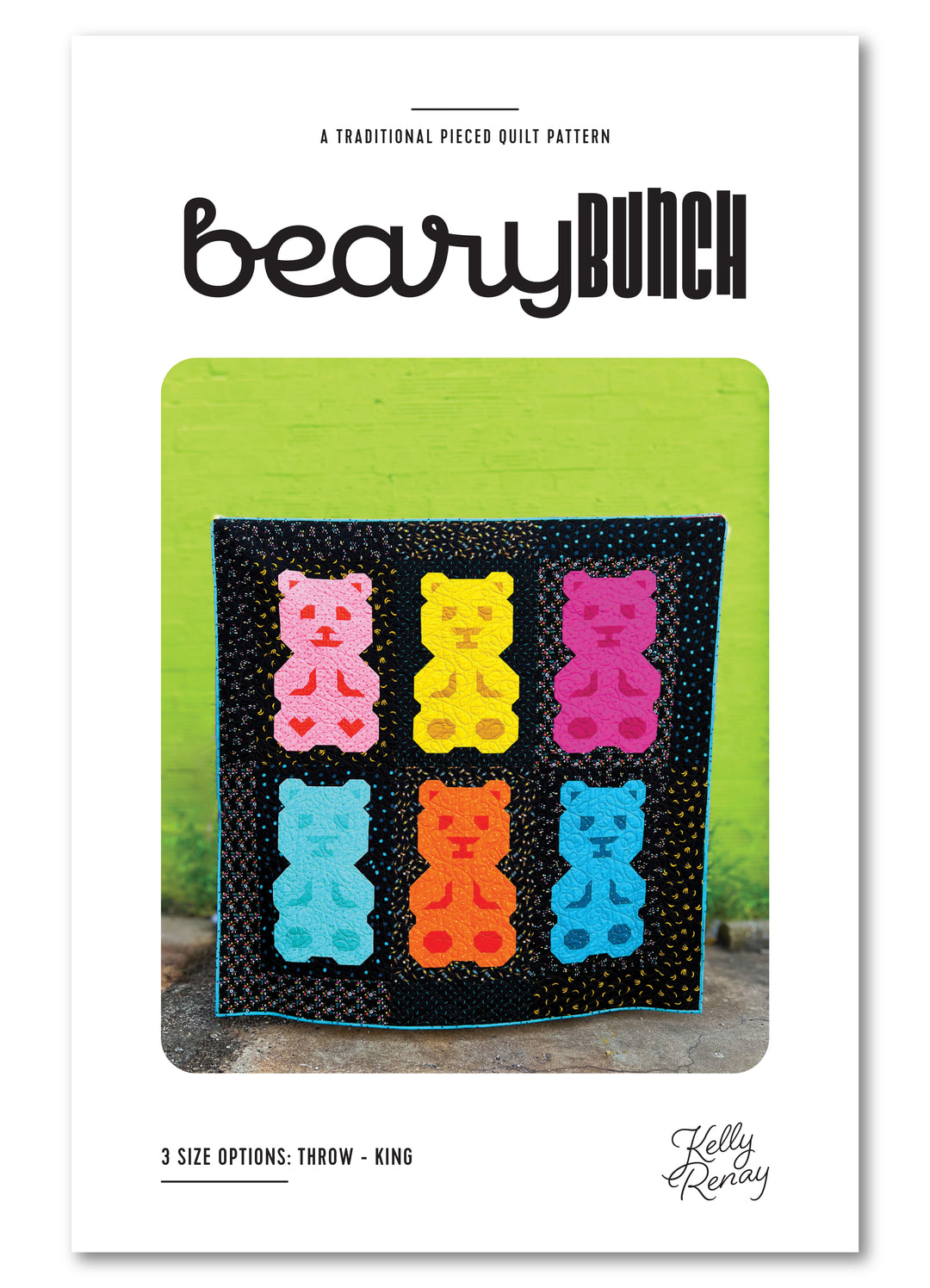 Beary Bunch quilt pattern packaging with colorful gummy bear design on a white background