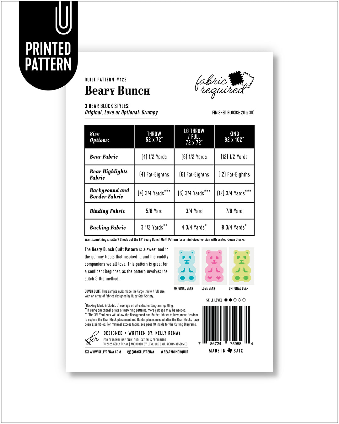 Quilt pattern packaging with fabric requirements and design elements.