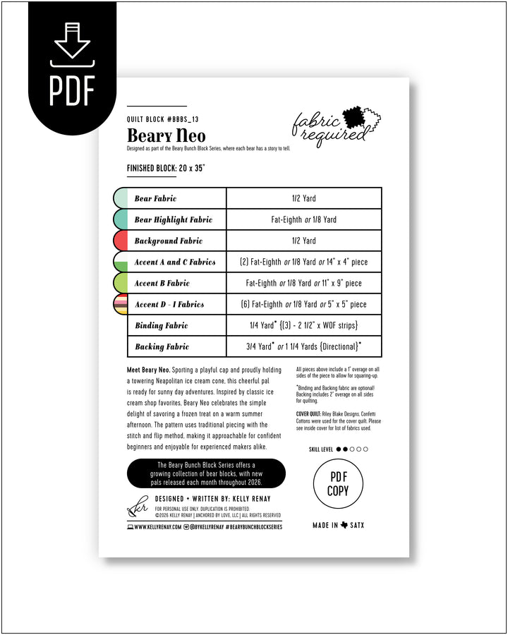 Fabric requirement chart for a project titled &