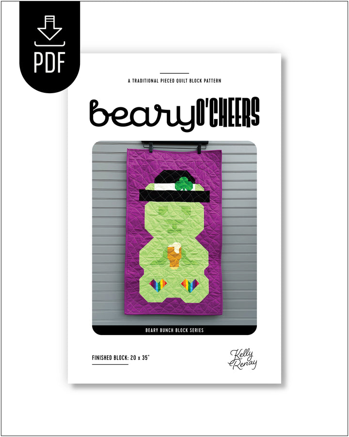 Quilt block pattern packaging for 'Beary O' Cheers' with a colorful design on a white background.