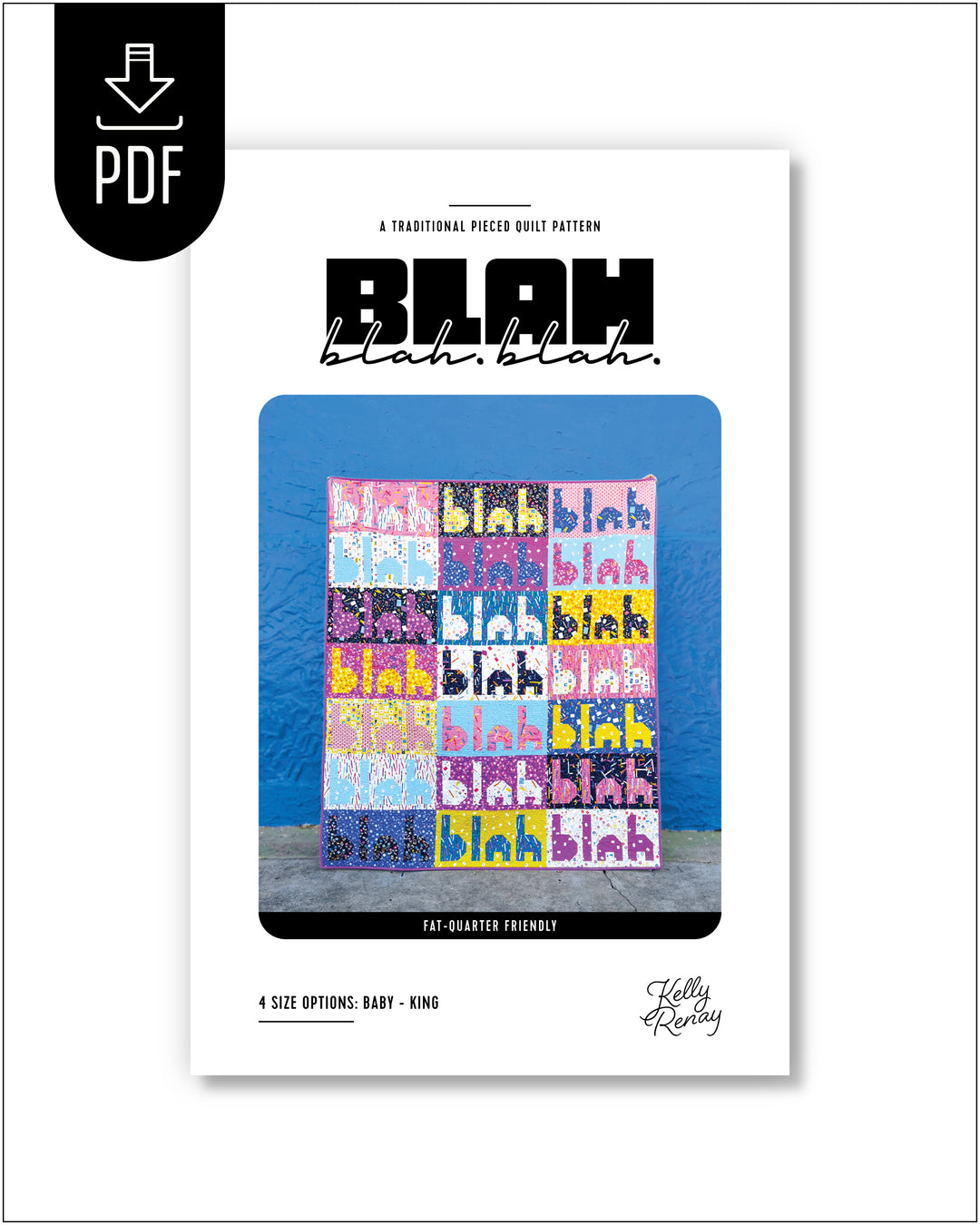 Quilt pattern book cover with colorful text design 'Blah Blah Blah' and PDF icon.