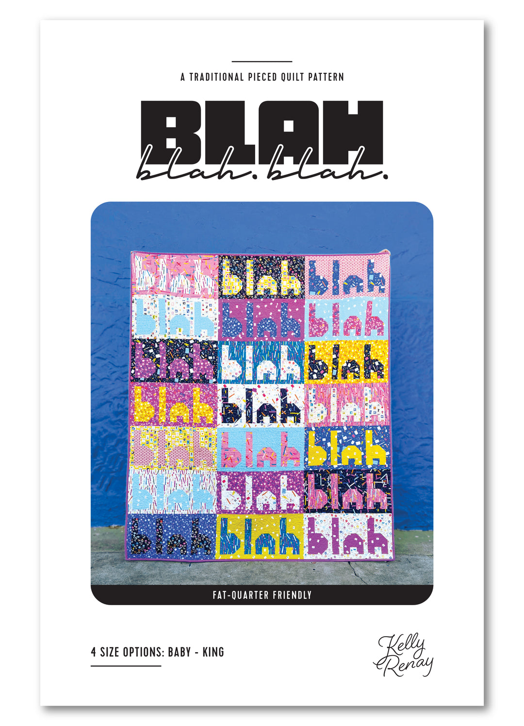 Quilt pattern packaging with colorful 'blah blah blah' design on a white background