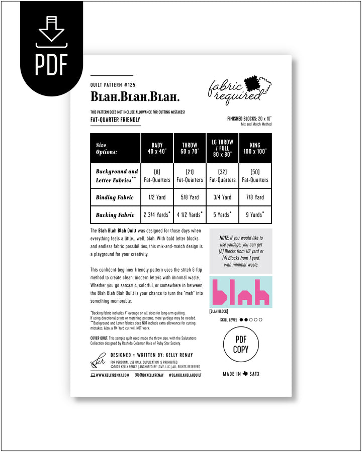 Fabric pattern sheet with text and a logo on a white background