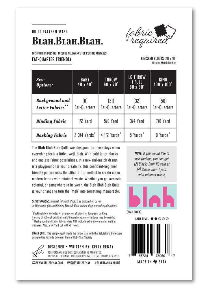 Blah Blah Blah quilt pattern packaging with fabric requirements and design details.