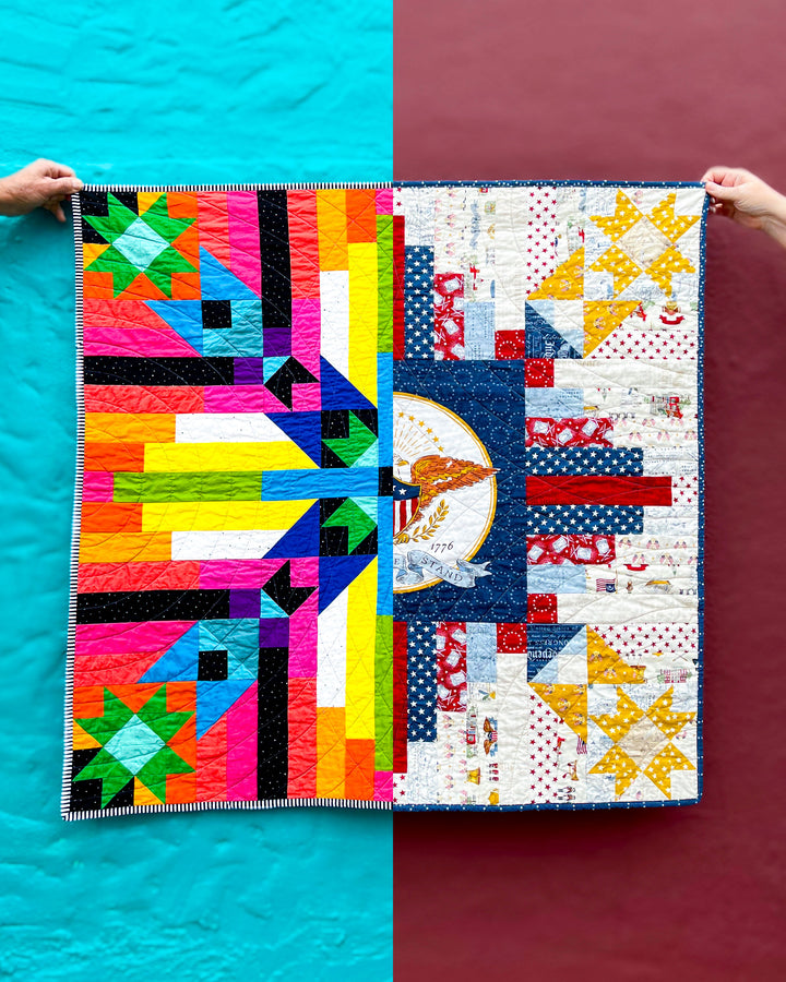 Two 'Converging Paths' quilts designs split in half held against a blue and red background