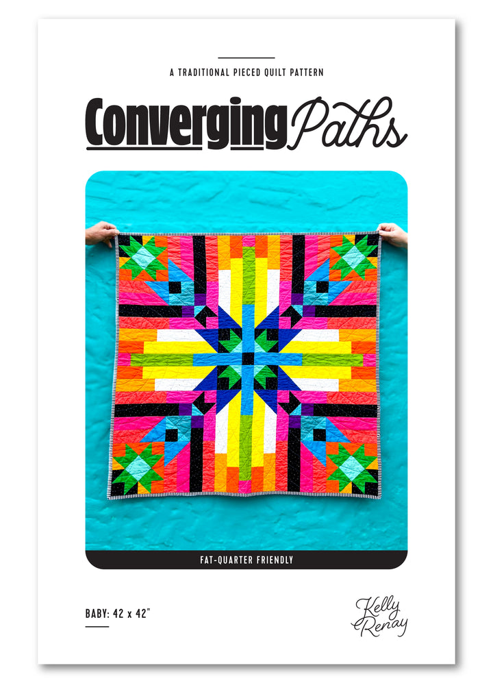 Quilt pattern book cover titled 'Converging Paths' with a colorful quilt design on a blue background.
