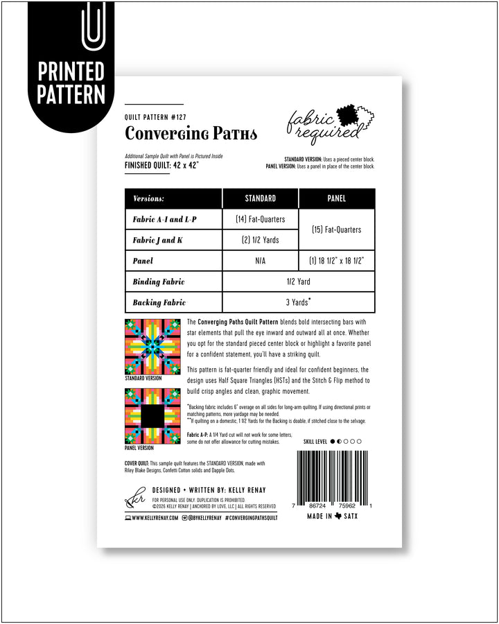 Converging Paths quilt pattern fabric requirements on a white background
