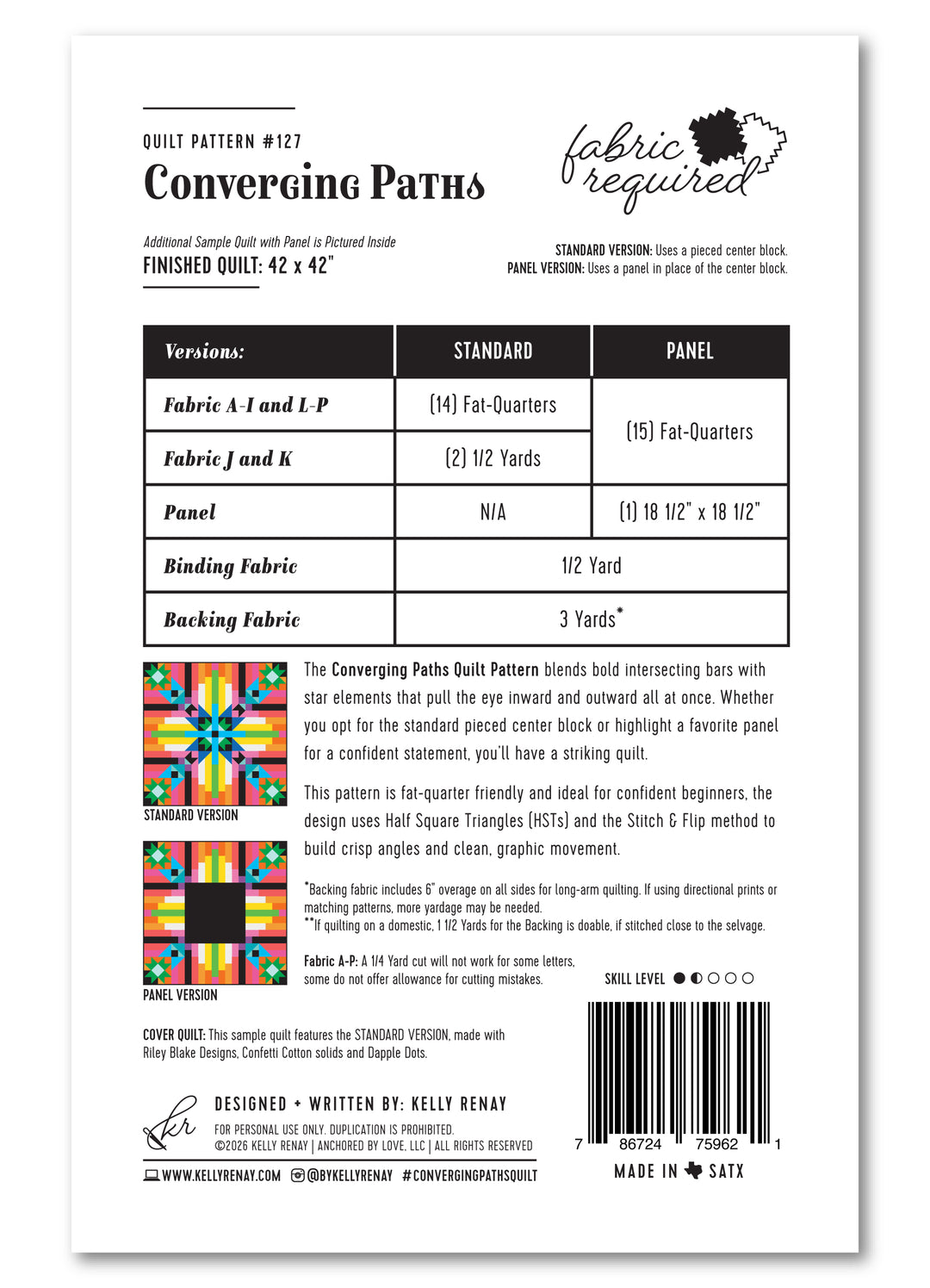 Quilt pattern packaging with fabric requirements and design details.