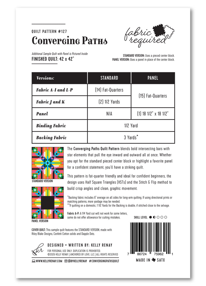 Quilt pattern packaging with fabric requirements and design details.