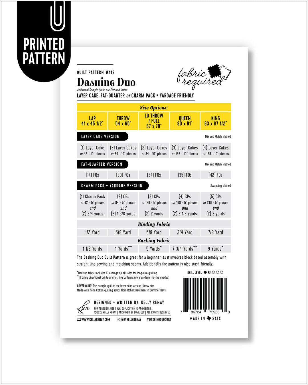 Dashing Duo quilt pattern fabric requirements by Kelly Renay