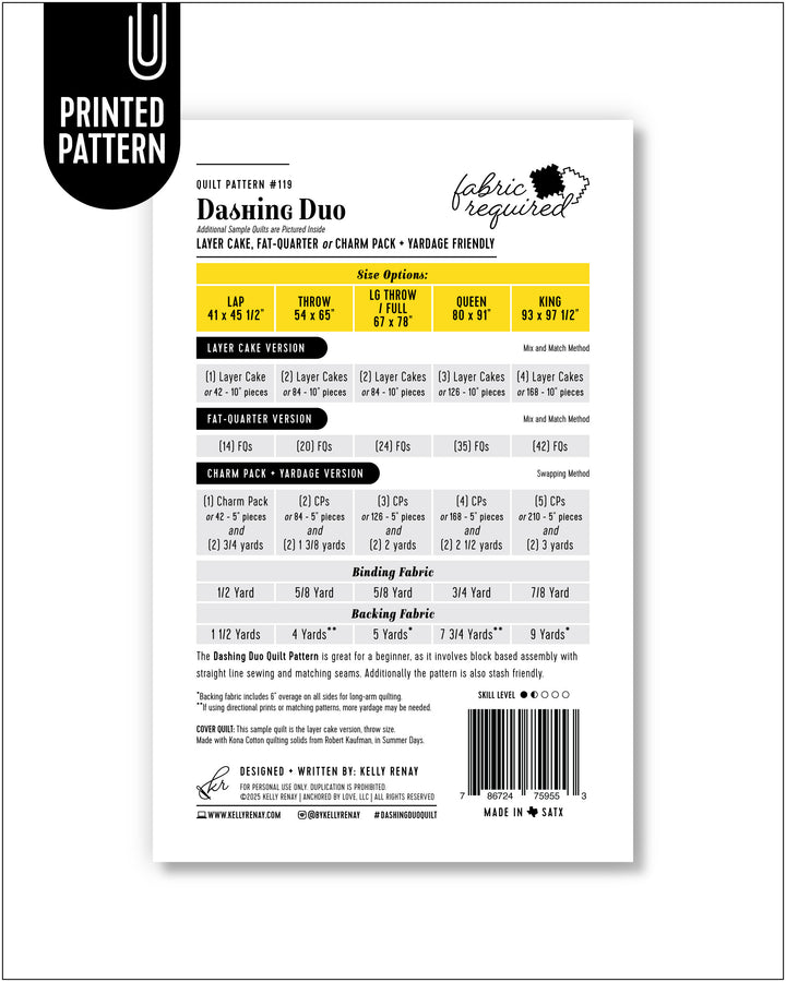 Dashing Duo quilt pattern fabric requirements by Kelly Renay