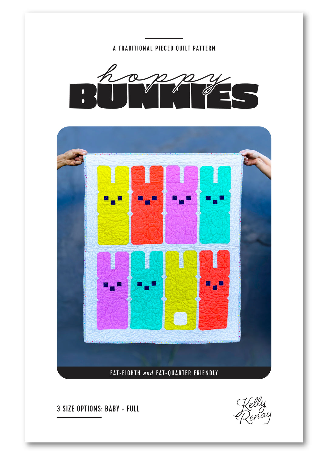 Quilt pattern cover with colorful bunnies and text on a blue background