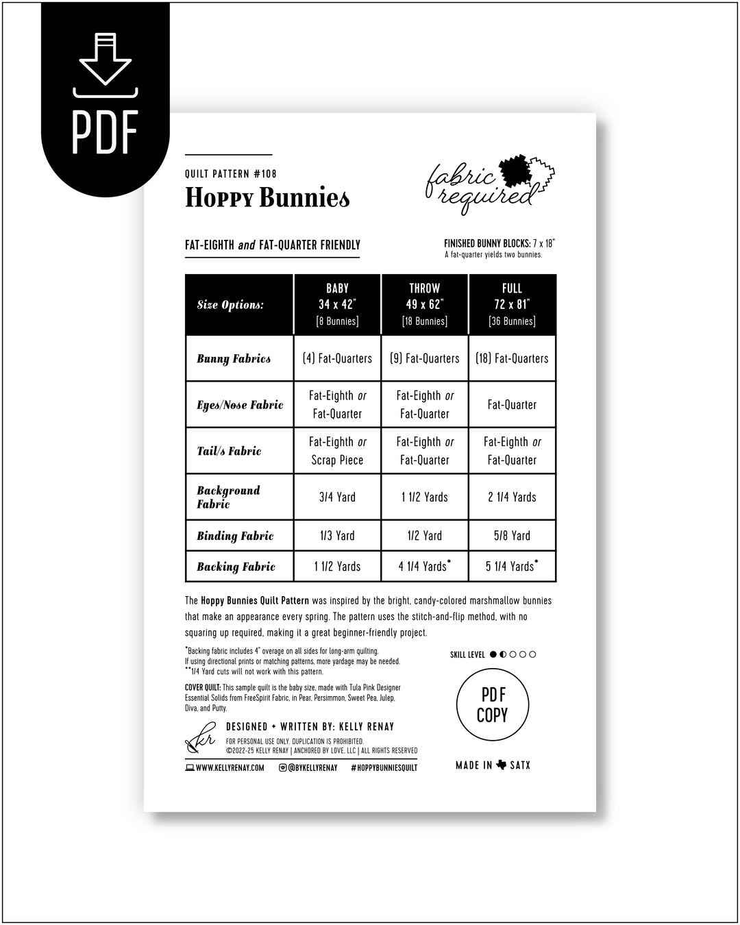 Fabric requirement chart for a quilt pattern titled &