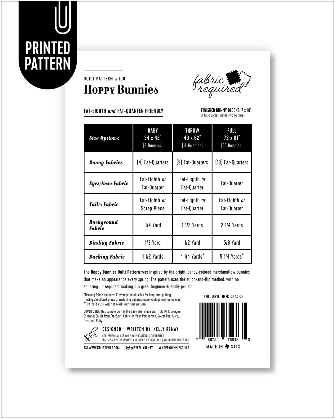 fabric requirements for a quilt design on a white background