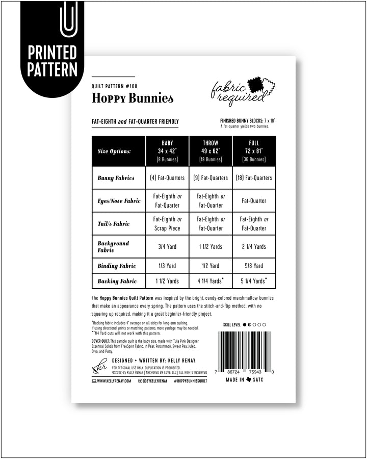 fabric requirements for a quilt design on a white background