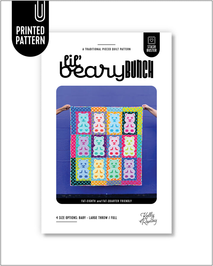Quilt pattern book cover with colorful quilt design and text on a white background