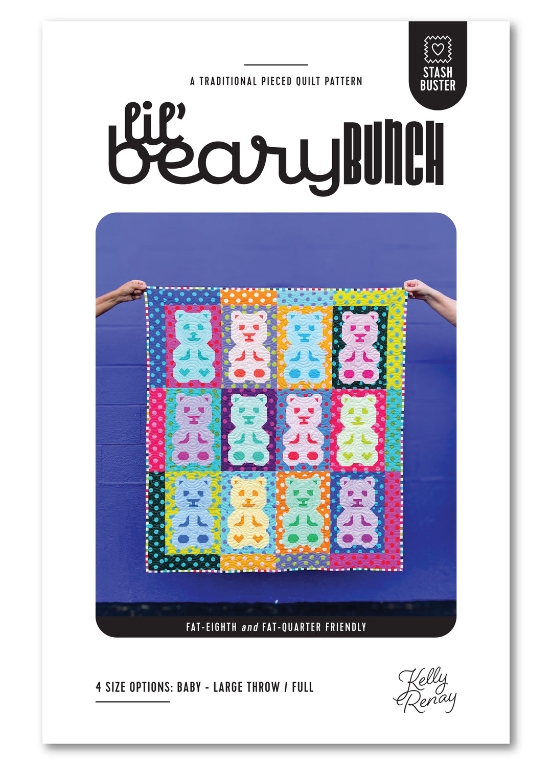 Quilt pattern book cover with colorful bear quilt design on a blue background
