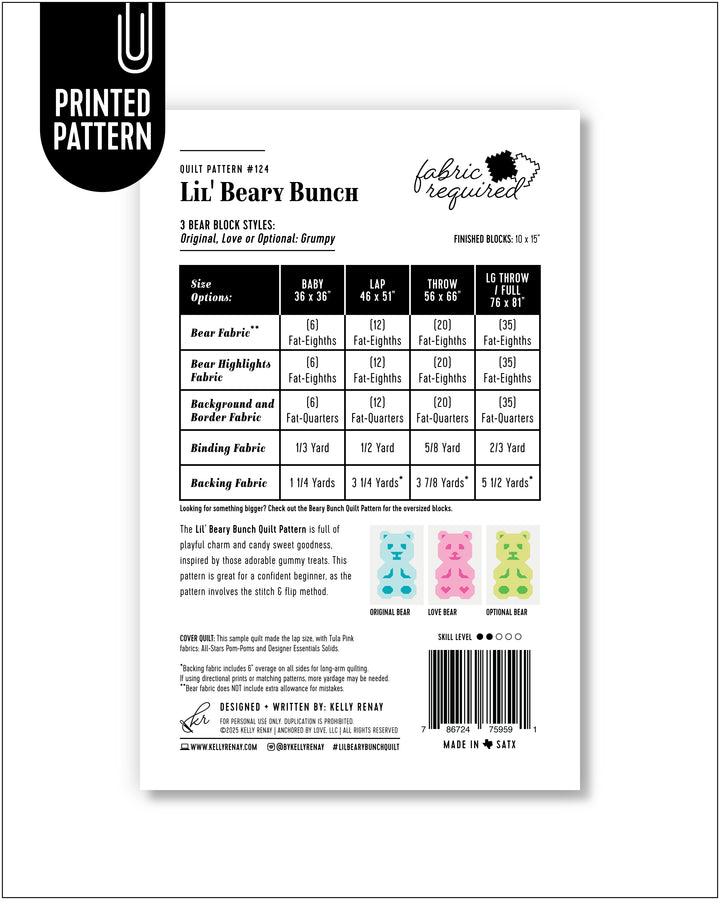 Patterned paper with text and fabric requirements for a quilt design on a white background
