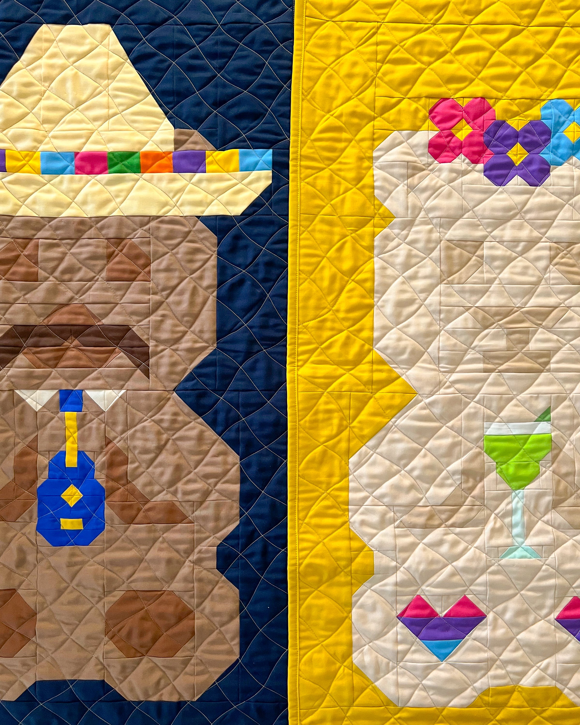 A duo of fiesta themed bear, wearing a sombrero and holding a guitar, wearing a flower crown and holding a margarita 