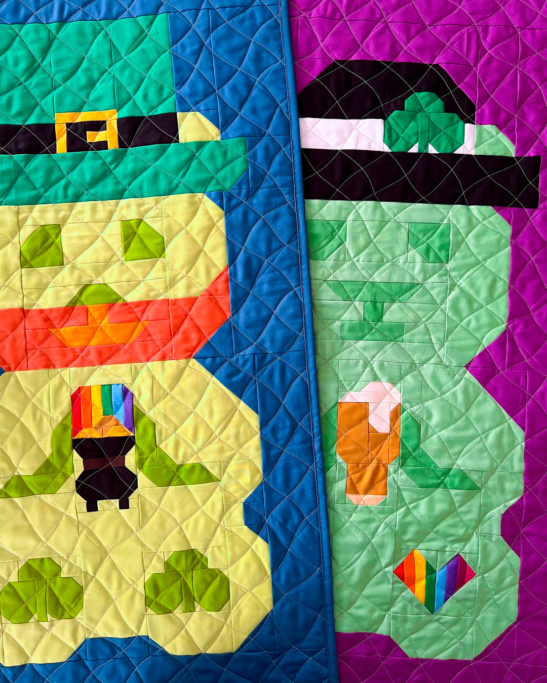 Colorful quilt with leprechaun and rainbow design