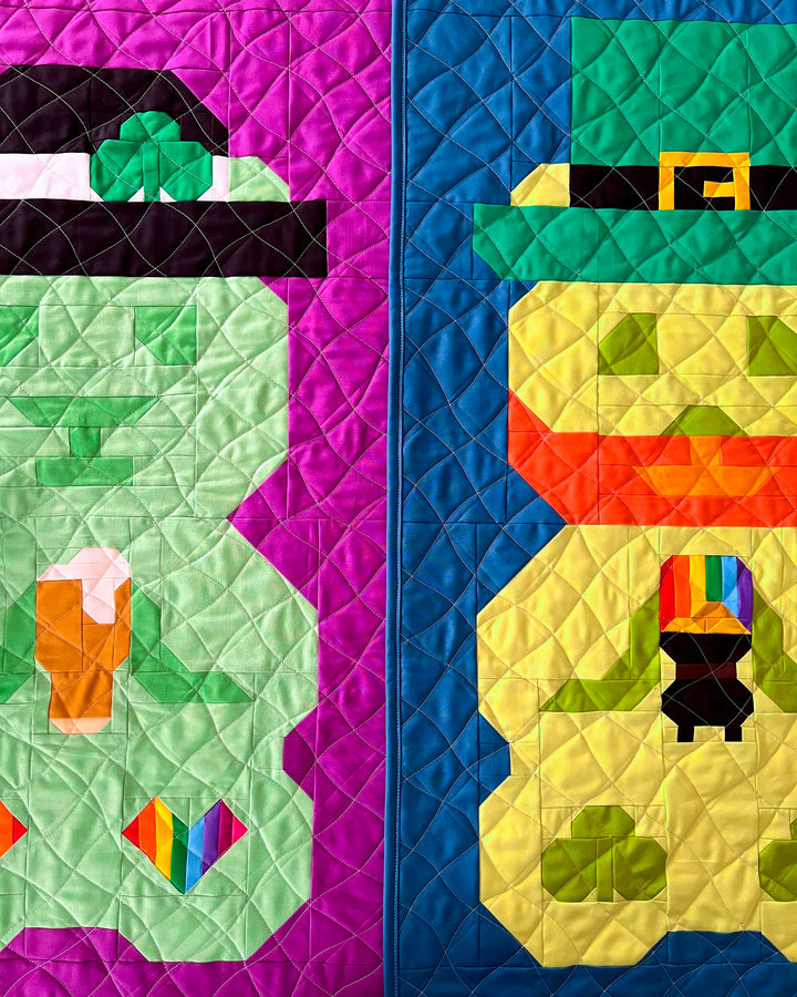 Two colorful quilts featuring leprechaun designs on a purple and blue background.