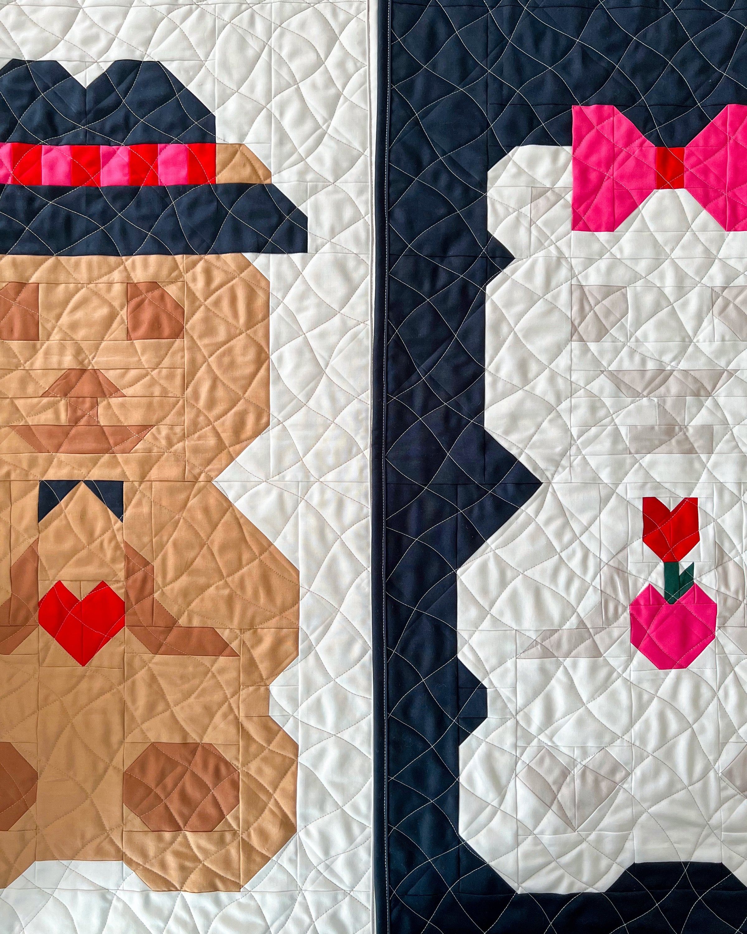 two bear quilts from the Beary Bunch Block Series, January Pals, Mr Beary Valentine and Miss Beary Rosey.