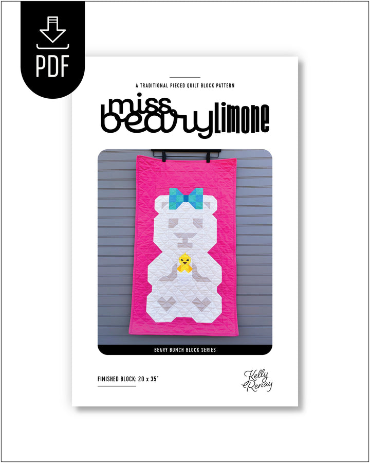 Miss Beary Limone quilt pattern packaging with a springtime bear design.