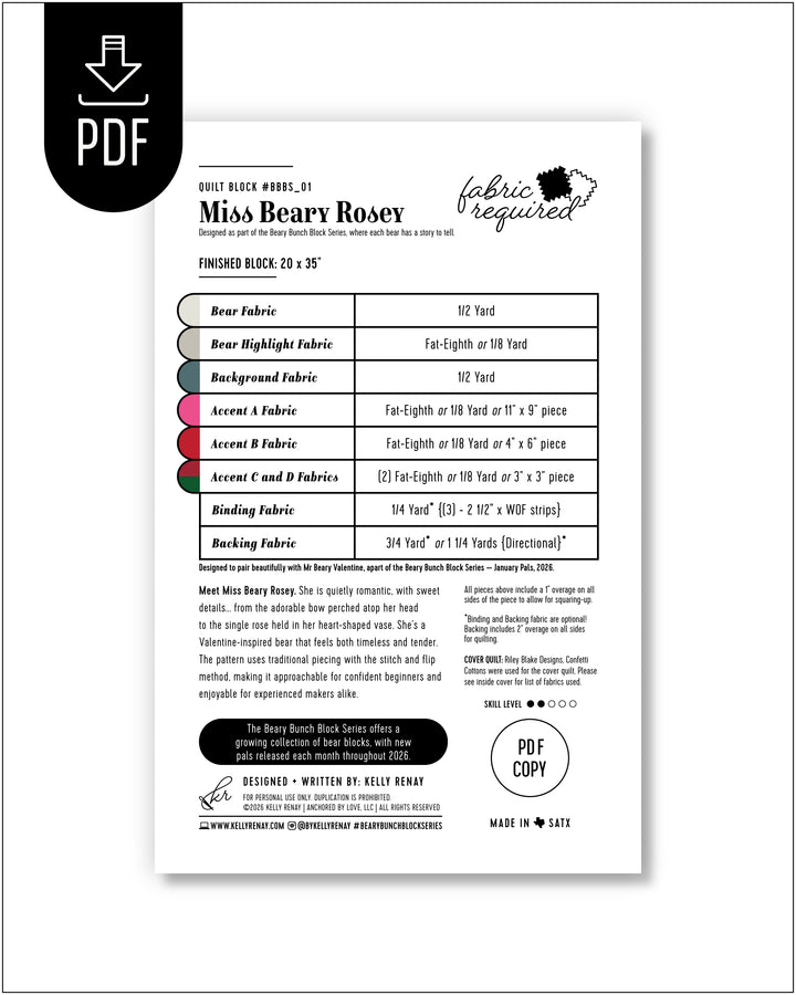 Fabric requirement sheet for a quilt block design, Miss Beary Rosey