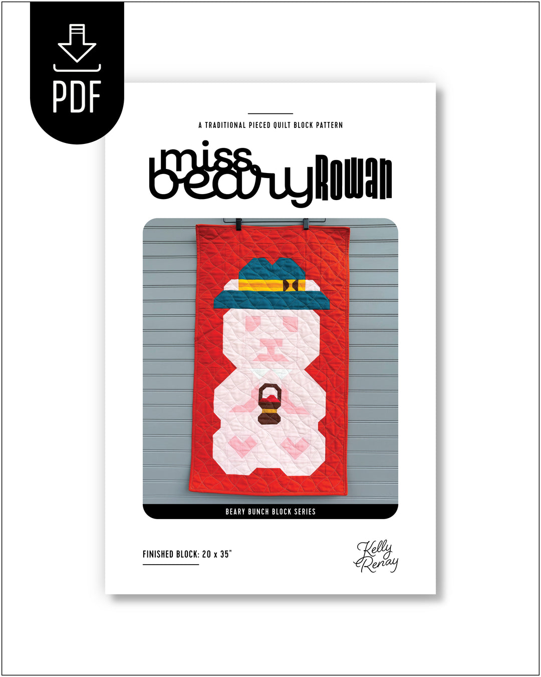 A PDF quilt block pattern booklet cover for 'Miss Beary Rowan' featuring a autumn themed bear quilt design, shown on a white background with a black PDF download badge in the top-left corner.
