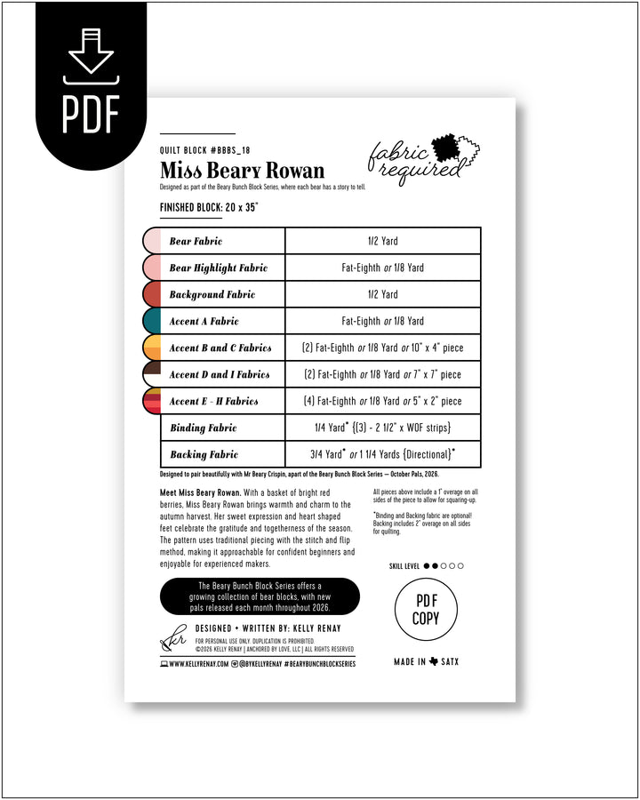 Fabric requirement chart for a project titled &