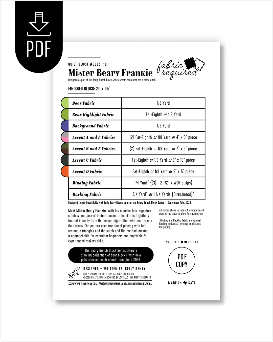Fabric requirement chart for a project titled &