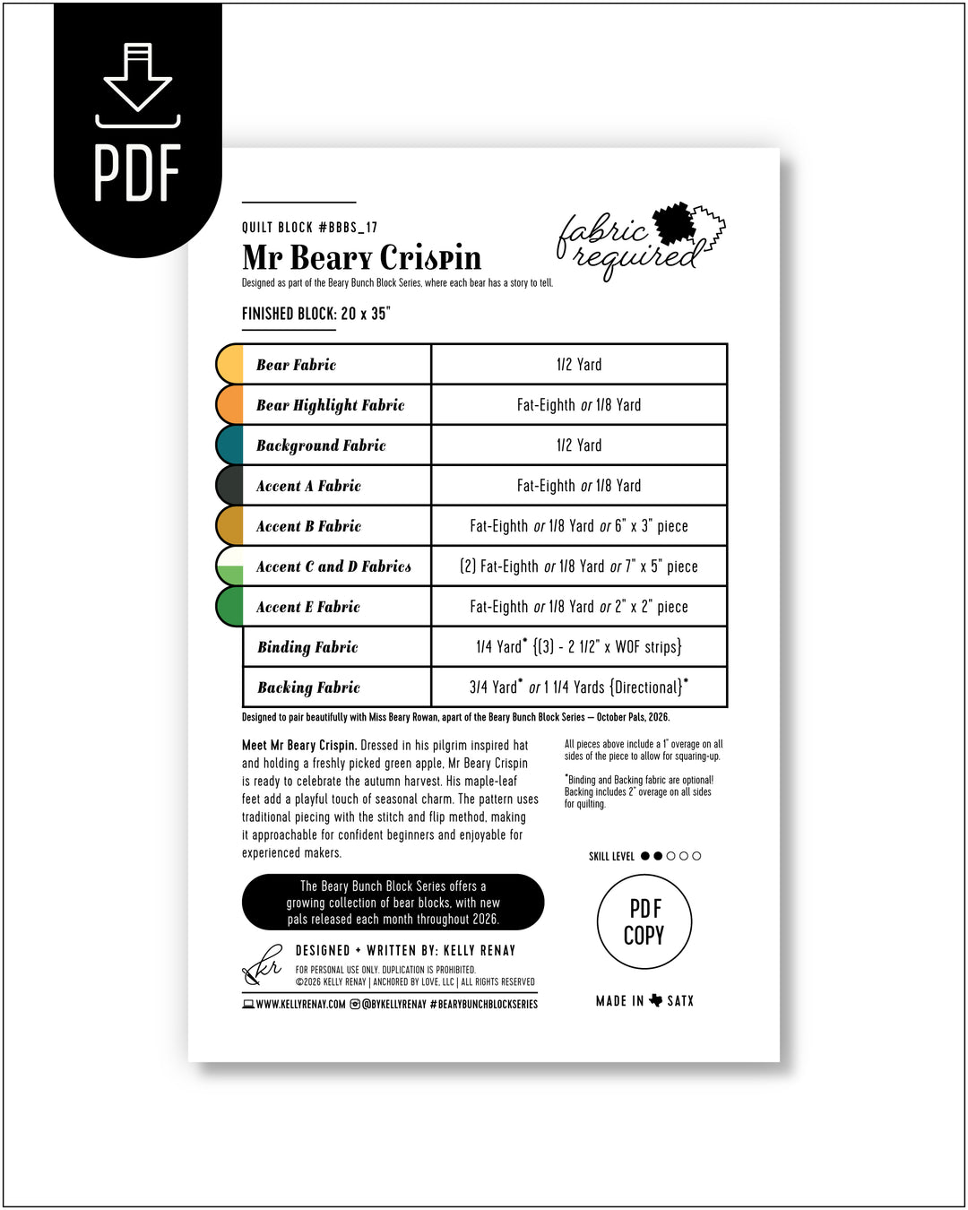 Fabric requirement chart for a project titled &