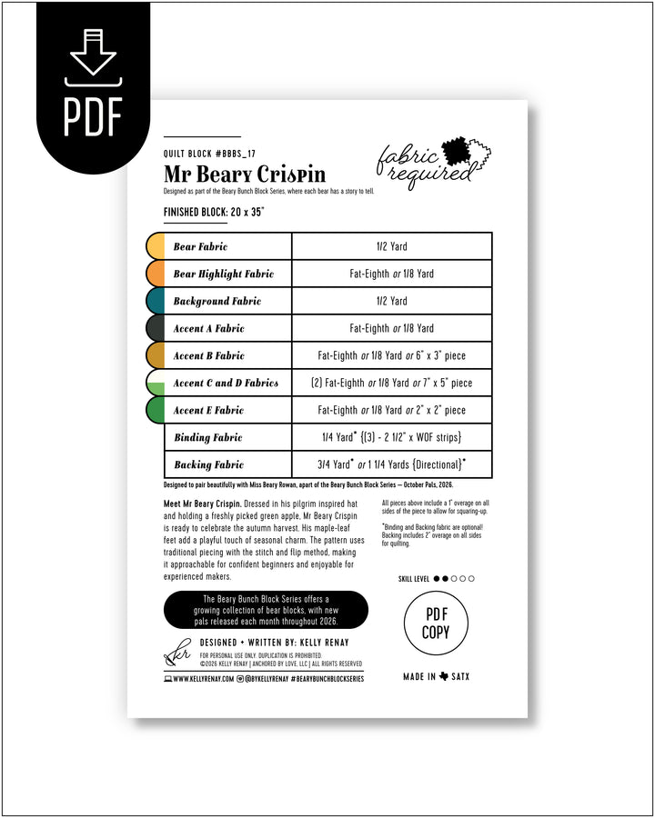 Fabric requirement chart for a project titled &