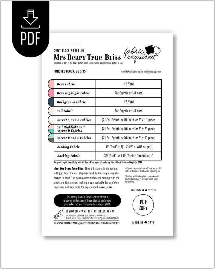 Fabric requirement sheet for a quilt block design on a white background