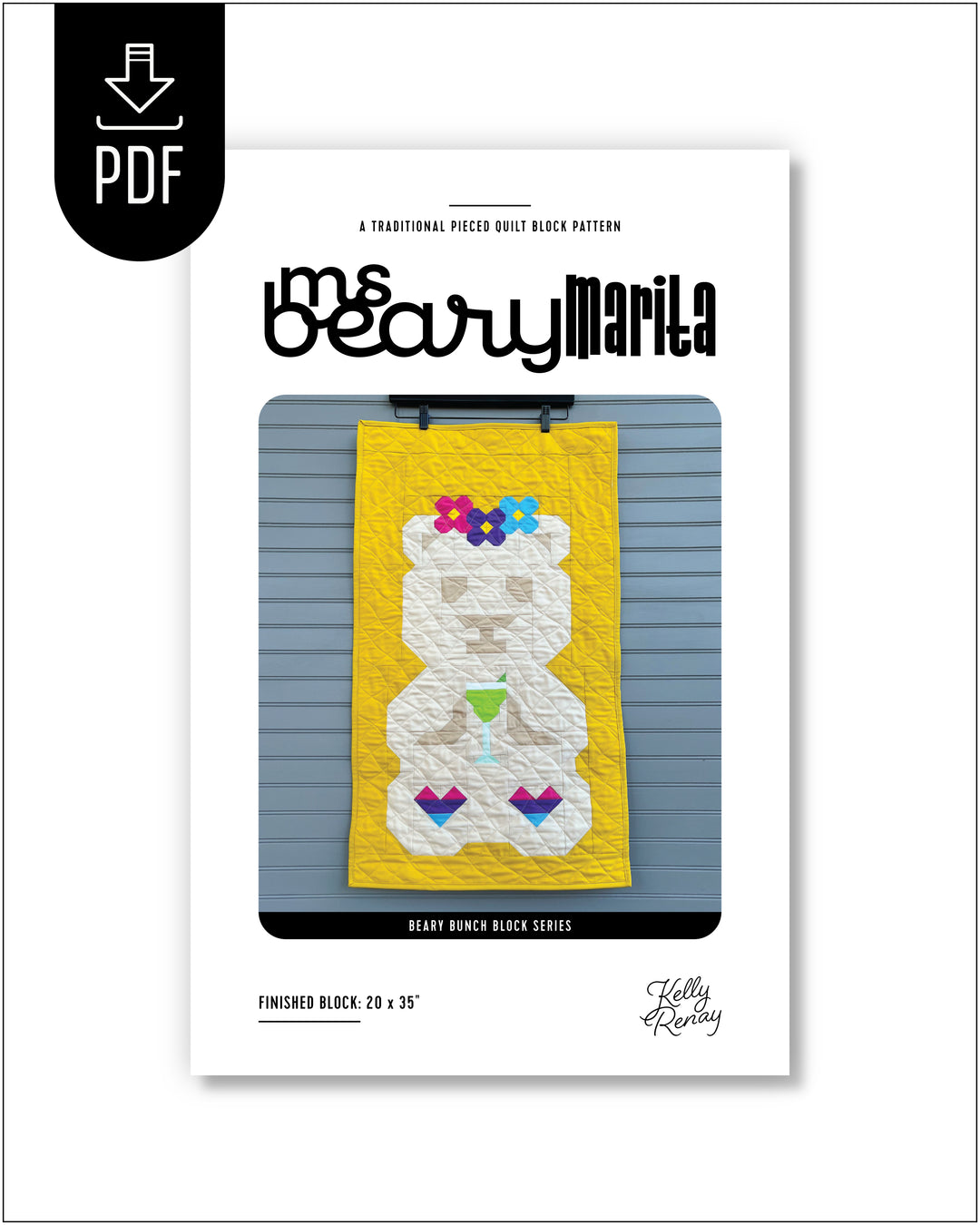 Quilt pattern cover with a bear design and 'ms bearly marita' branding.