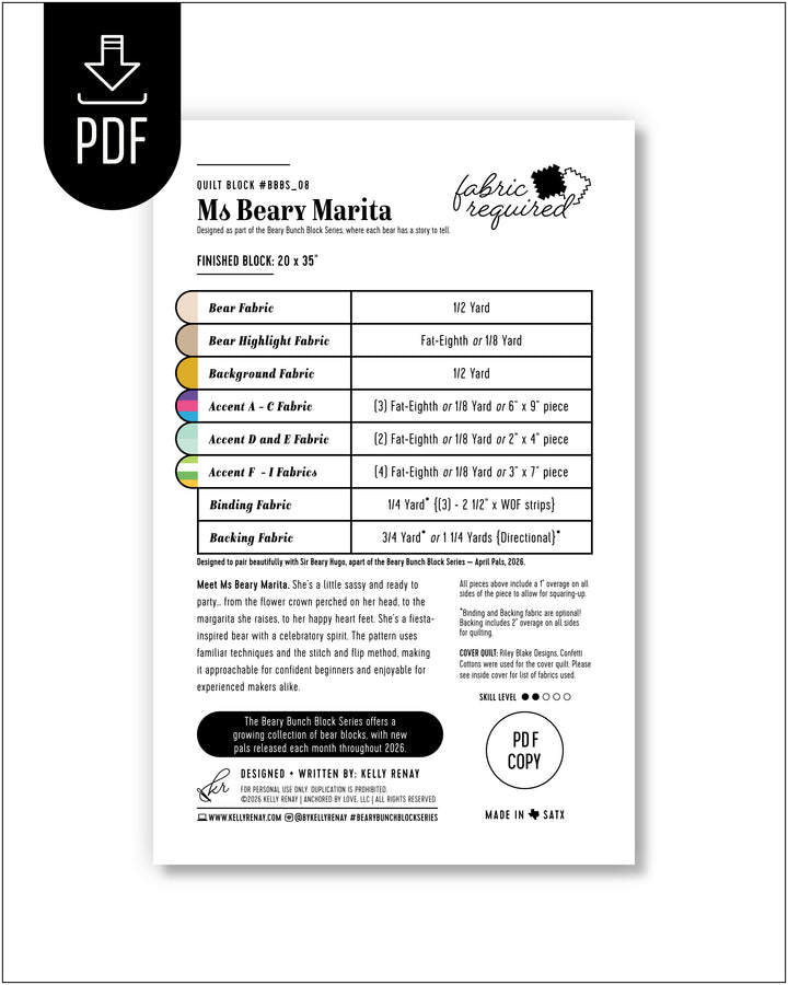 Fabric requirement chart for a project titled &