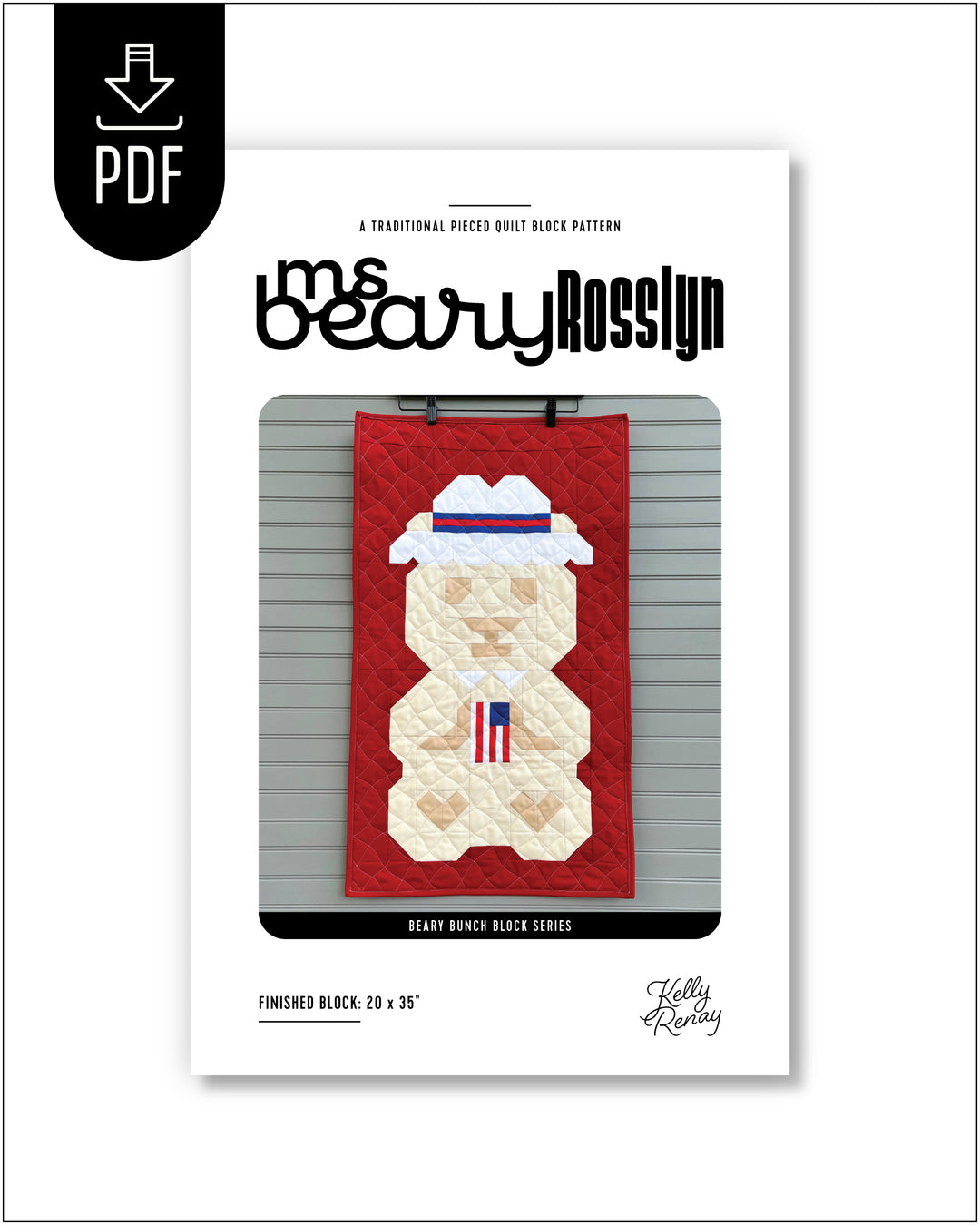 Quilt block pattern cover for 'Ms Beary Rosslyn' an American Flag holding patriotic bear