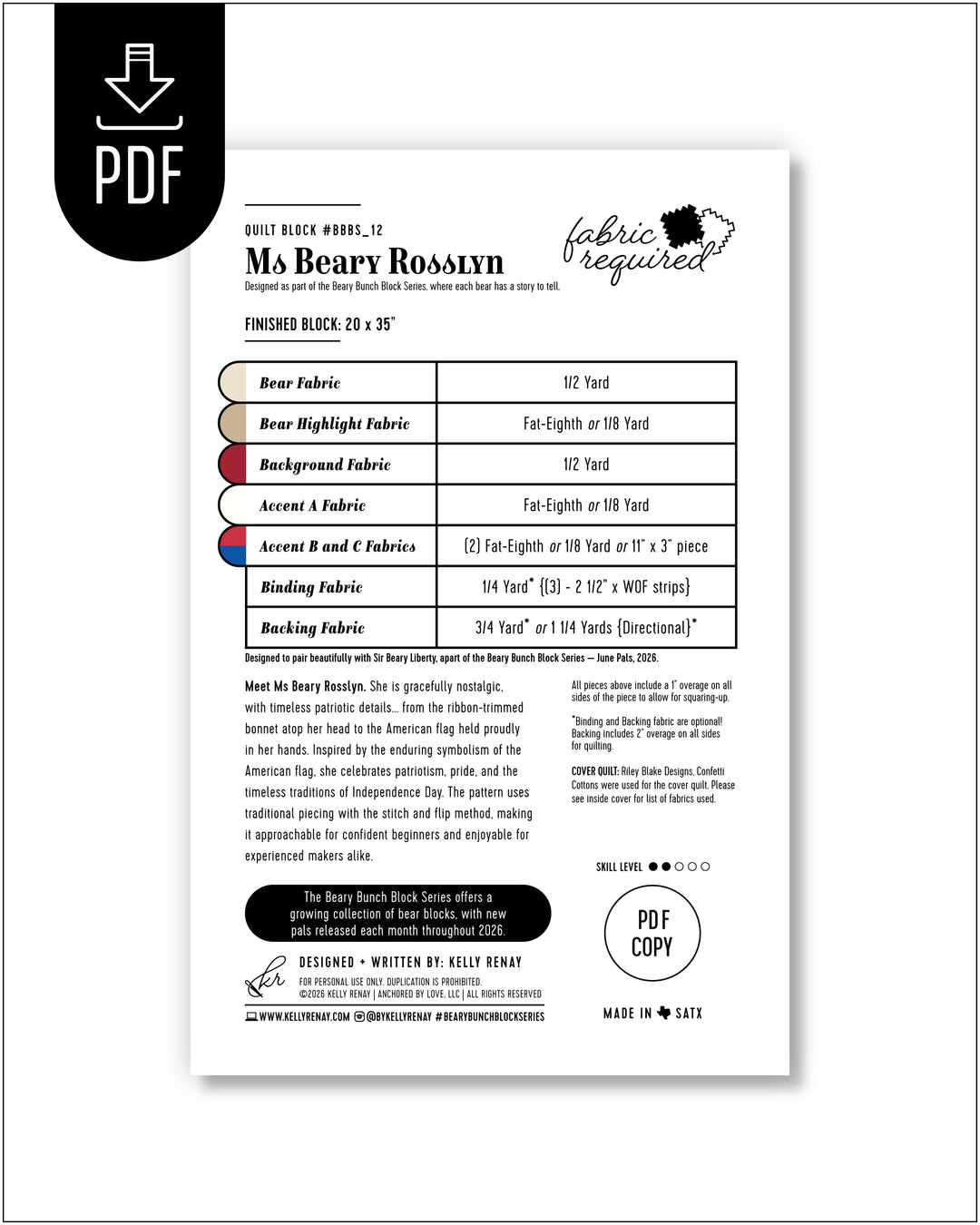 Fabric requirement sheet for a quilt block design Ms Beary Rosslyn