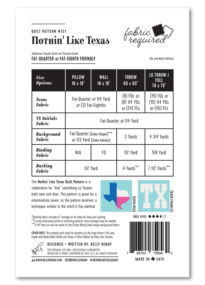 Nothin Like Texas quilt pattern fabric requirements