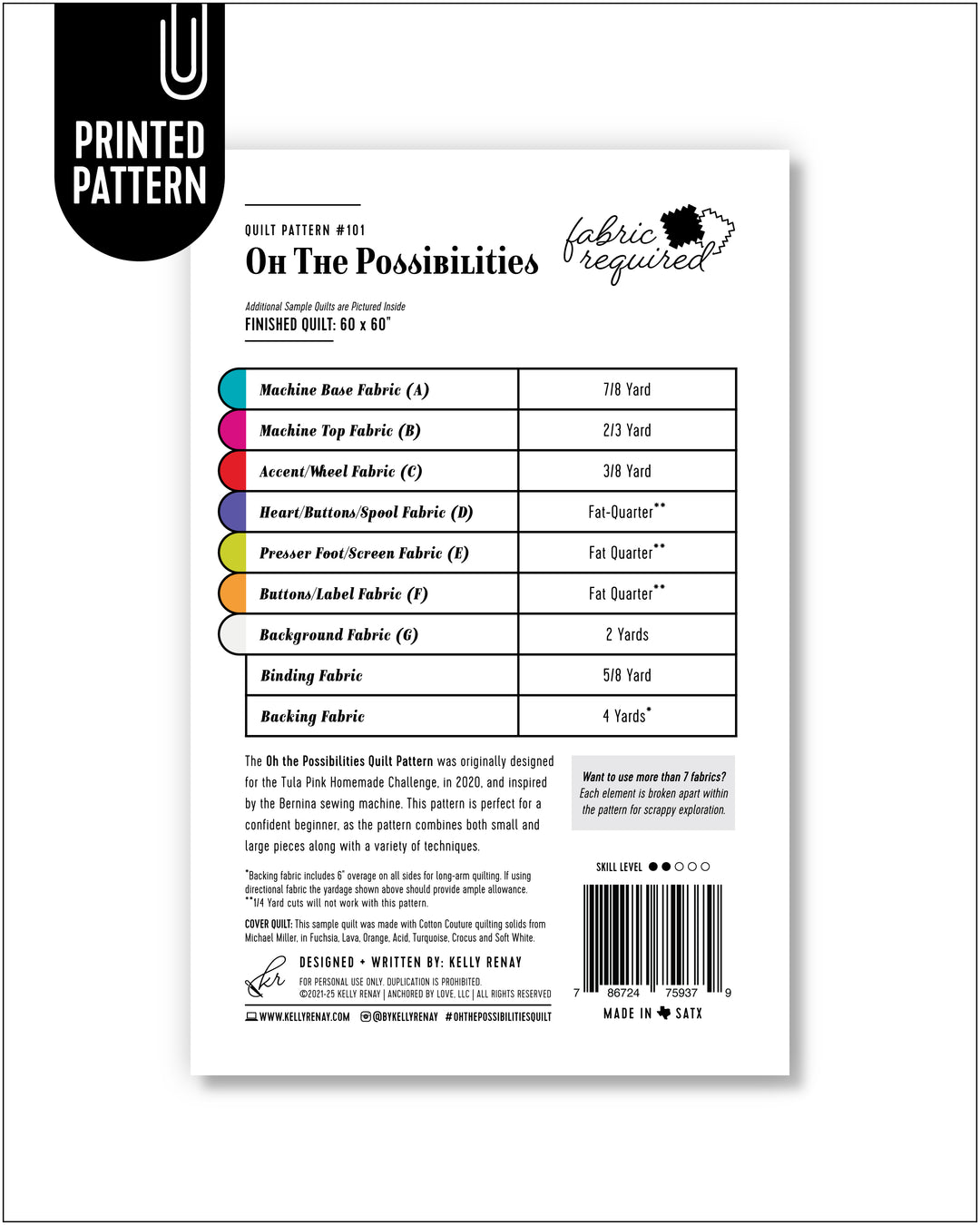 Quilt pattern fabric requirement chart on a white background