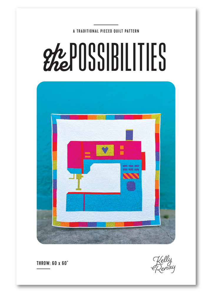 Quilt pattern cover with colorful sewing machine and pattern name &