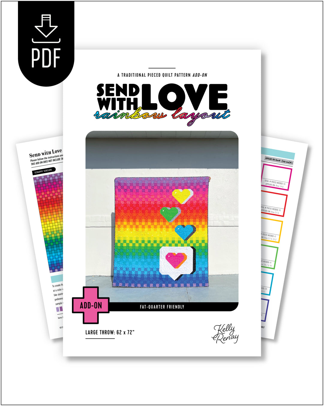 The Send with Love Quilt pattern packaging with rainbow design on a white background.
