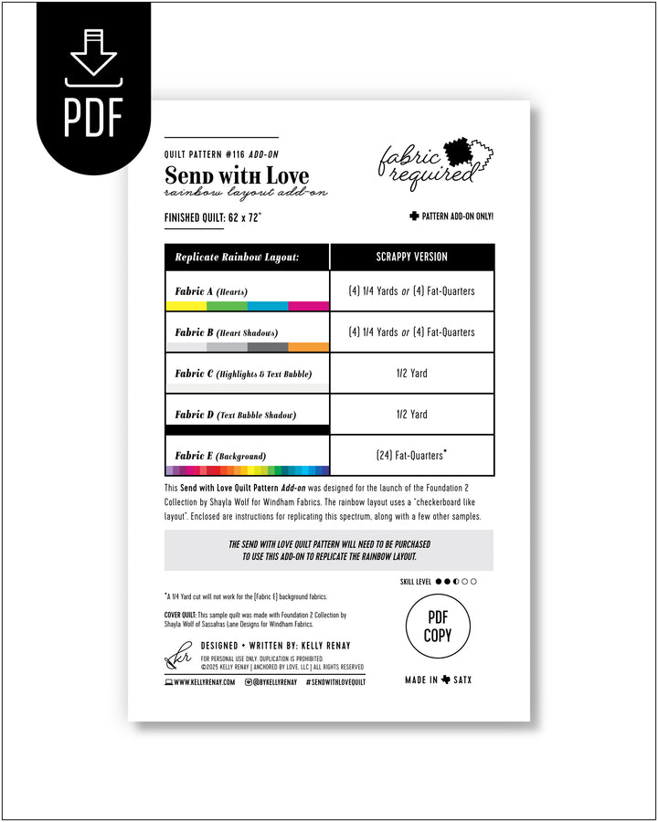 The Send with Love Quilt pattern layout with fabric requirements on a white background