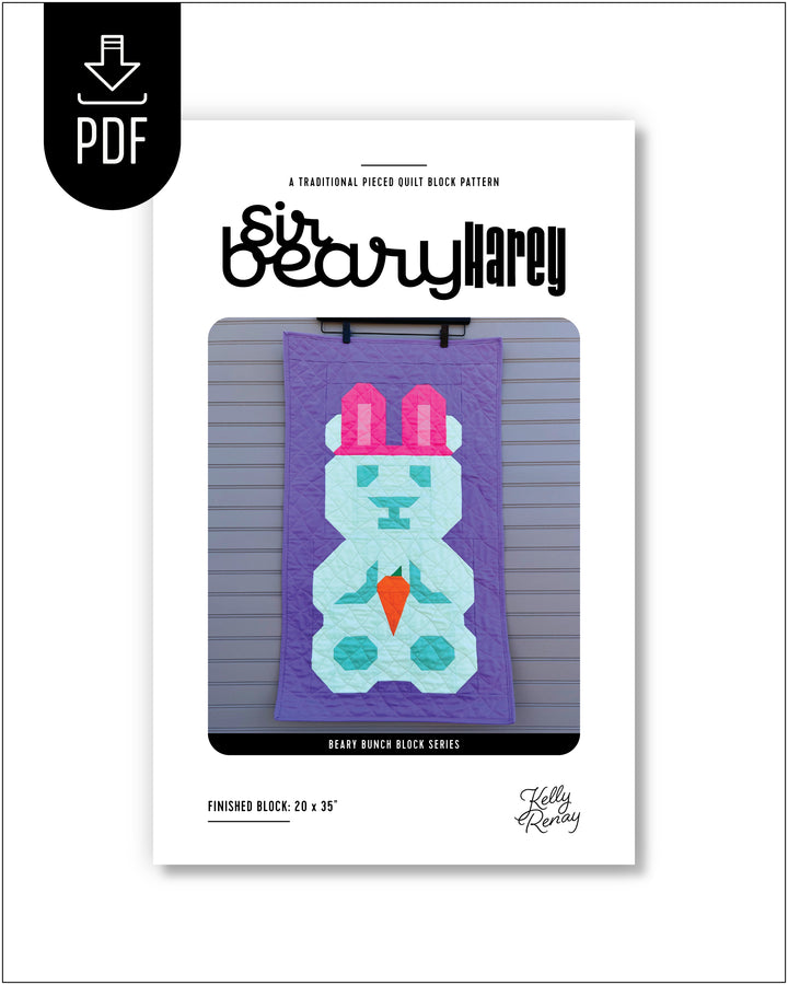 Quilt block pattern packaging for 'Sir Beary Harey' with a bunny bear design.