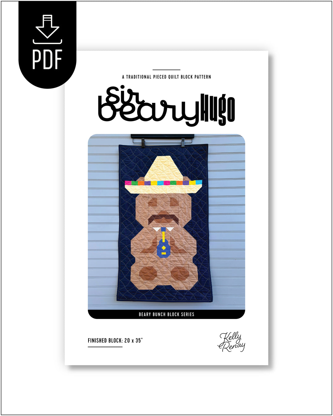 Quilt block pattern packaging with a bear wearing a sombrero on a white background