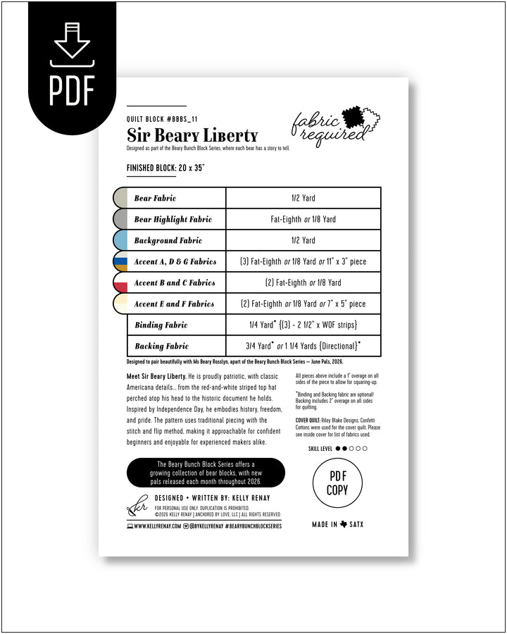 Fabric requirement chart for a project titled &
